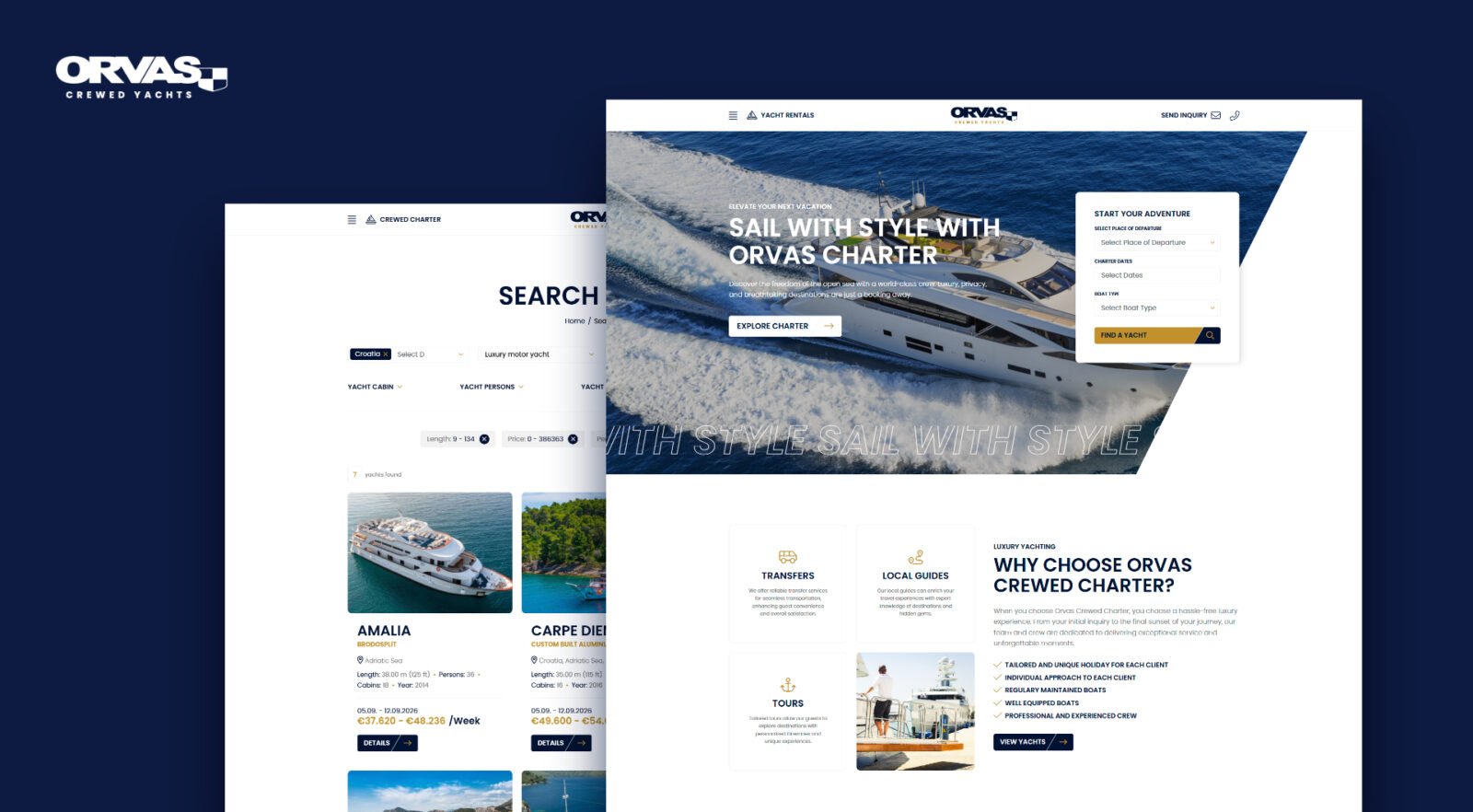 Orvas Crewed Yachts yacht charter website homepage and yacht list page design by Studio Simple