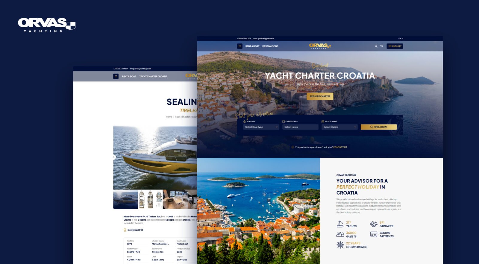 Orvas Yachting yacht charter website homepage and yacht details page design by Studio Simple