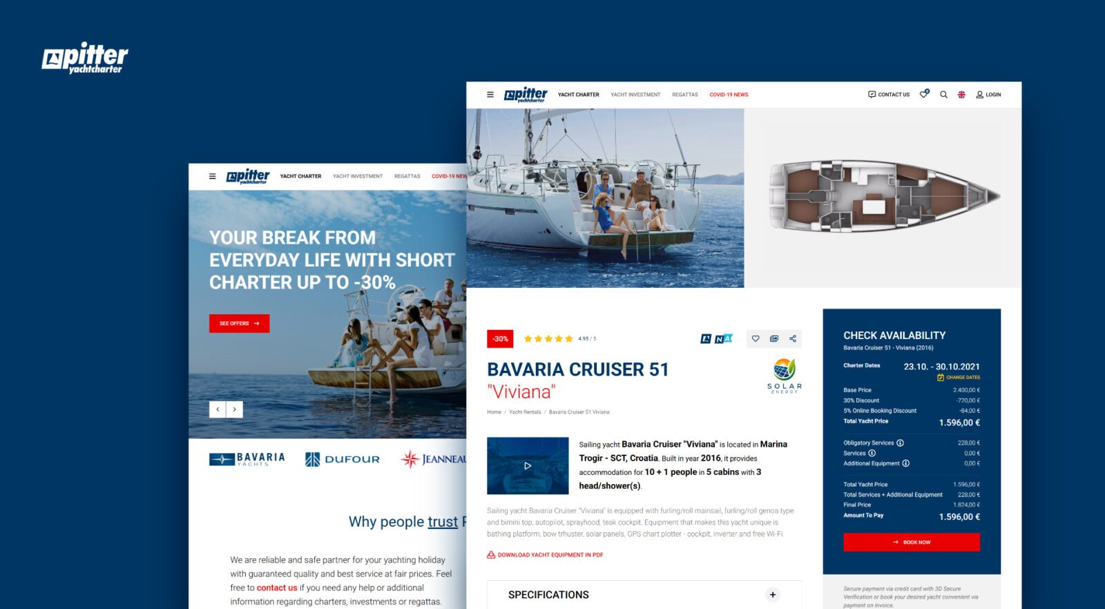 Pitter Yacht Charter yacht charter website homepage and yacht details page design by Studio Simple